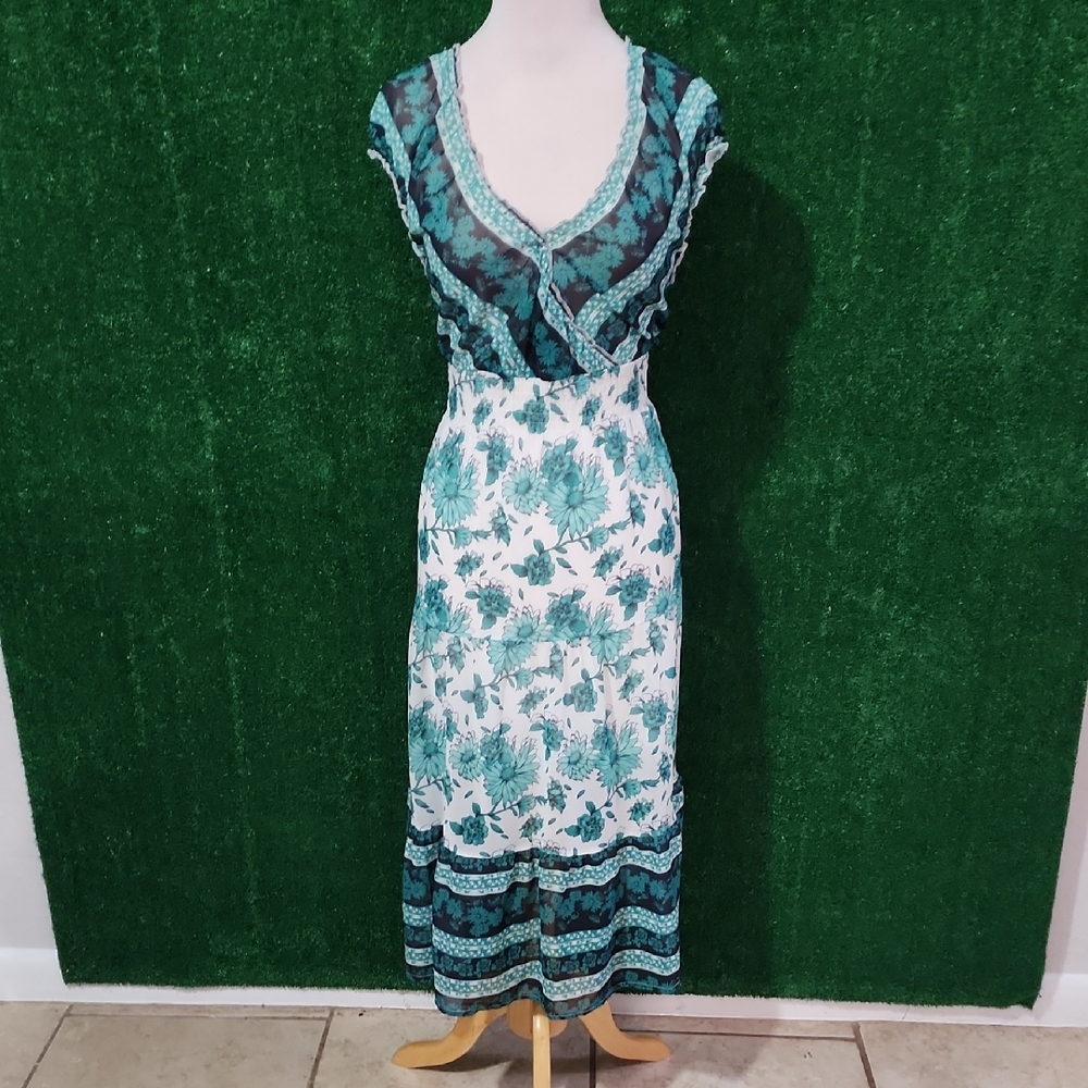 Lapis Teal and White Floral Maxi Dress